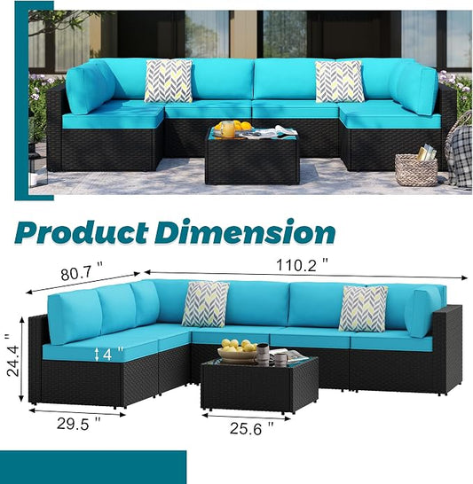 SUNLEI 7pcs Patio Conversation Sets Outdoor Furniture Sets, High Back All-Weather Rattan Sectional Sofa with Tea Table&Washable Couch Cushions(Black Rattan)(Blue)