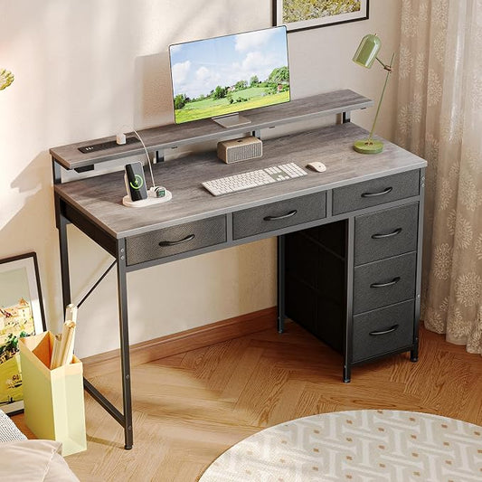 Huuger Gaming Desk with 6 Drawers, Computer Desk with LED Lights Power Outlets and Type-C, 39 Inch Office Desk with Storage, Monitor Stand, Writing & Work Desk for Home Office, Bedroom, Grey, 1CD100H