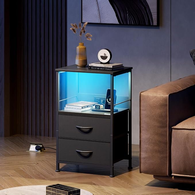 WLIVE LED Night Stand with Charging Station, Black Nightstand with 2 Fabric Drawers and Storage Shelf, Dorm Bedside Table End Table with 2 USB Ports and Outlets, Small Dresser for Bedroom