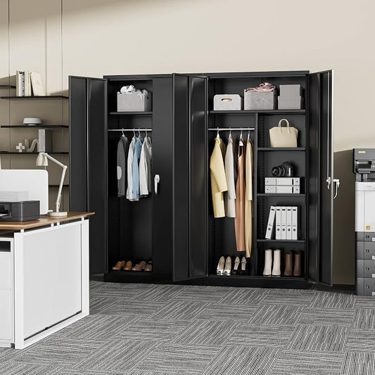 Greenvelly Metal Storage Wardrobe with 2 Doors, Black 72” Steel Storage Wardrobe Cabinet, Employees Locker Closet Clothing Coat Steel Wardrobe Cabinet with Hanging Rod for Garage, Gym, Home Office