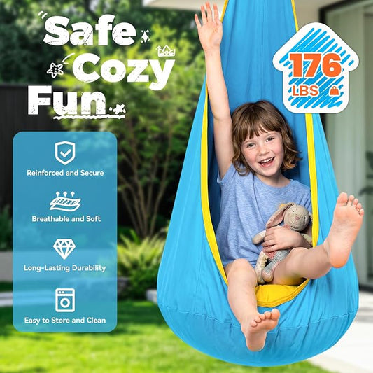 Y-STOP Kids Pod Swing Seat, Hanging Hammock Chair with Inflatable Pillow, Sensory Swing Chair with Pocket for Indoor and Outdoor (Blue Yellow)