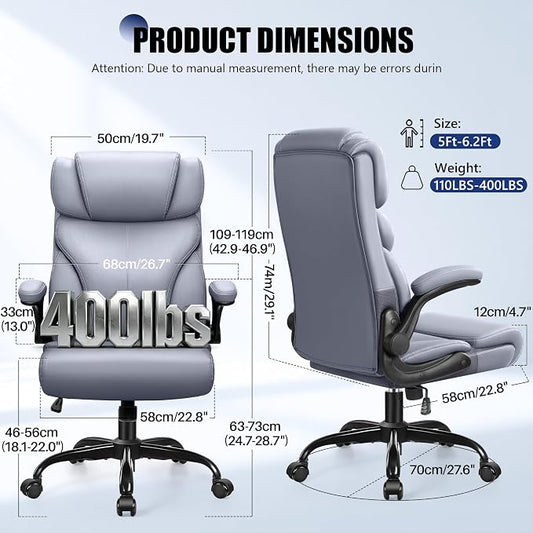 Primy Office Chair, Ergonomic Leather Desk Chair with Flip-up Armrests, Big and Tall High Back Executive Computer & Gaming Chair with Footrest, Comfy Padded, Rocking Function and Lumbar Support(Gray)