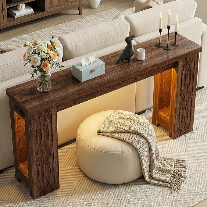 Cyclysio 47" Console Table with Outlet, Farmhouse Entryway Table with Colorful LED Lights, Wooden Sofa Table with Unique Carved Design, Foyer Accent Table for Entrance, Hallway, Living Room