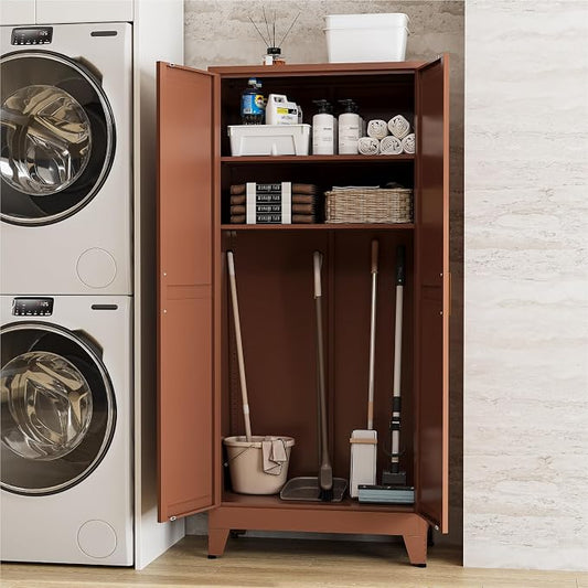 Farmhouse Pantry Cabinet with Barn Doors, 71" H x 31.5" W, 5-Tier Metal Storage Cabinet with 4 Adjustable Shelves for Kitchen Garage Dining Room,Brown 1 Pack