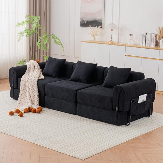 Cloud Modular Sectional Sofa, Foldable Floor Couch Bed, Convertible Sleeper Sofa Bed, Fold Out Boneless Couches for Living Room, Office, Guest Room, Apartment (3 Seater Couch, Black)