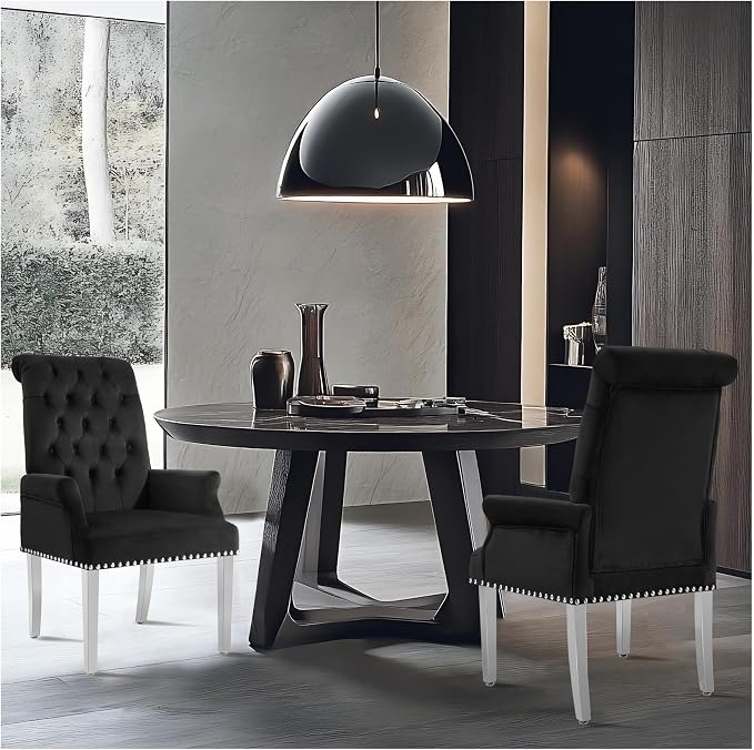 AODCHR Velvet Dining Chairs with Arms, Upholstered Accent Dining Room Chair, Tufted Kitchen Arm Chair with Stainless Steel Leg, Black