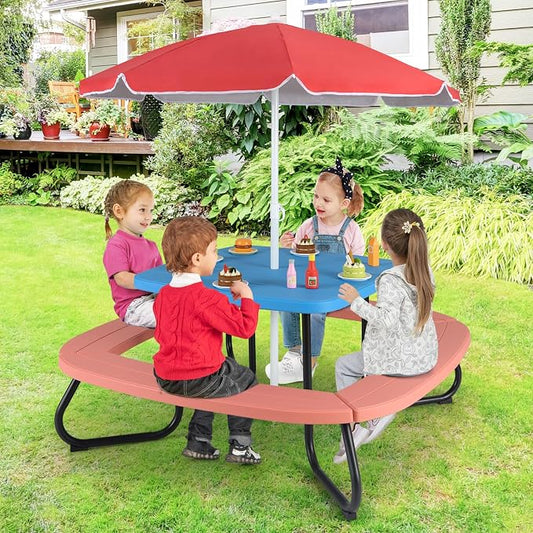 Costzon Kids Picnic Table, 8 Person Kids Outdoor Table and Chairs with Foldable & Adjustable Umbrella, 4 Built-in Benches, Toddler Outdoor Furniture for Backyard, Patio, Garden (Red)
