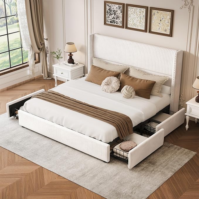 LARMACE King Size Bed Frame with 4 Storage Drawers Modern White Corduroy Upholstered Platform Bed Frame with Headboard Tufted Vertical Stripe &Wooden Slats Support, No Box Spring Need,Easy Assembly