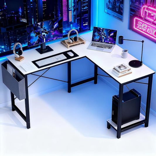OLIXIS L Shaped Desk, 50-Inch Office Computer Gaming Desks Corner PC Table with Side Bag and Reversible Shelf for Home Work Study Writing White