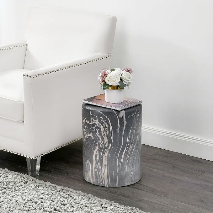 JONATHAN Y Black Marble Polyresin Accent Table, 13" x 16.75" Modern Minimalist Column Side Table, Indoor/Outdoor Faux Marble Pedestal End Table & Plant Stand TBL1101C
