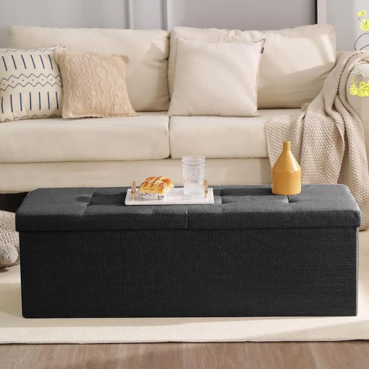 45.3 Inches Storage Ottoman Bench Foldable Seat Footrest Shoe Bench End of Bed Storage with Flipping Lid, 166L Storage Space, Linen Fabric Black