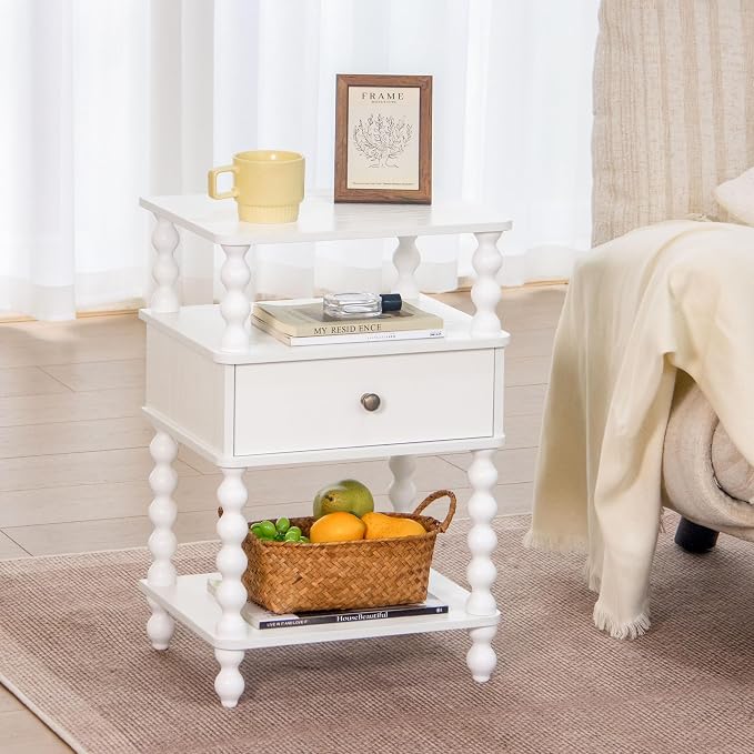 AWASEN White Nightstand, Bed Side Table Bedroom with Drawer, 3-Tier Small Night Stand End Table with Storage for Small Spaces &Solid Wood Spindle Legs, White