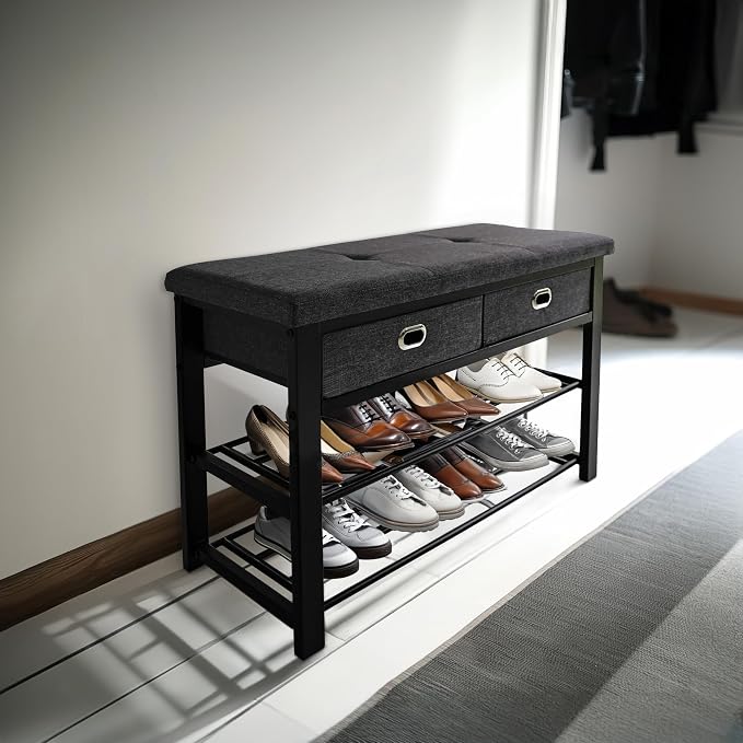 Finnhomy Entryway Shoe Rack with Cushioned Seat, Shoe Bench for Entry, 3-Tier Shoe Storage Organizer with 2 Drawers, Gray