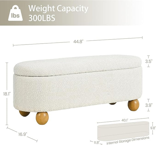 VKNOW 44.8" Storage Ottoman Bench End of Bed Bench, Thickened Upholstered Blanket Chest for Living Room, Entryway Bench with Hinge and Cute Spherical Solid Wood Stool Legs for Bedroom, Beige