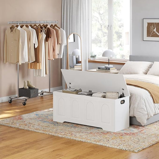 DINZI LVJ Storage Chest, 50” Extra Large Storage Bench with 2 Safety Hinges, Wooden Toy Box with Flip-Top, Large Trunk for Living Room, Playroom, Easy Assembly, White