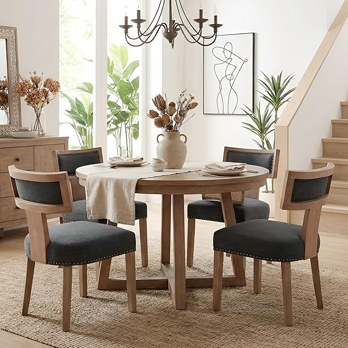 HNY Mid Century Modern Dining Chairs Set of 2, Farmhouse Linen Fabric Upholstered Accent Chairs Curved Nailhead Trim Backrest Kitchen Chairs, with Hardwood Frame, Charcoal