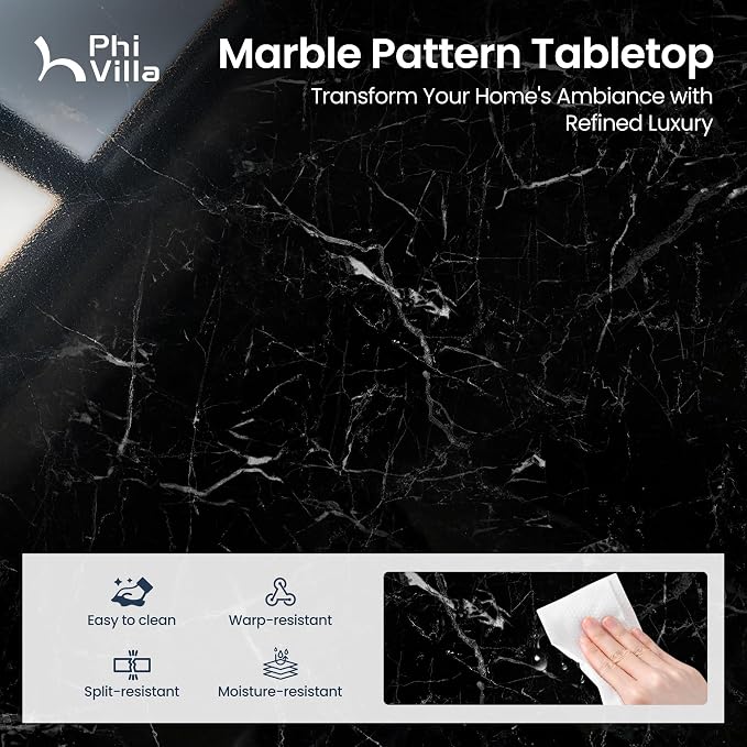 PHI VILLA 5 Piece Dining Table Set for 4, Marble Design Kitchen Table Chairs Set of 4, Solid Wood Space-Saving Dining Room Table Set for Apartment, Veined Black Marble& Gray