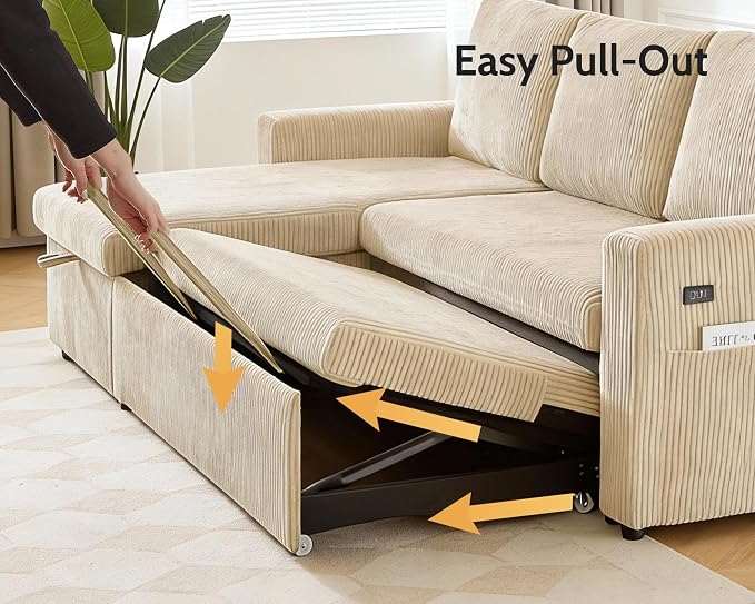 WEUP 82" L Shaped Sectional Sleeper Sofa Bed with Pull Out Bed, Sectional Sleeper Couch Pull Out Couch with Reclining Backrest/Reversible Storage Chaise/USB Ports/Tool-Free Assembly, Corduroy Beige