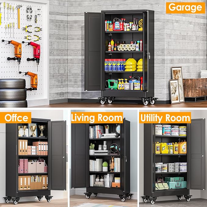 PAOFIN Metal Garage Storage Cabinet with Wheels,Steel File Cabinets with 2 Doors and 3 Adjustable Shelves for Home Office, Warehouse, Required Assembly,Black