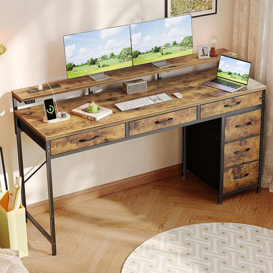 Huuger Gaming Desk with 6 Drawers, Computer Desk with LED Lights Power Outlets and Type-C, 55 Inch Office Desk with Storage, Monitor Stand, Writing Desk for Home Office, Rustic Brown, 1CD102F