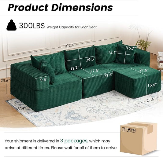 HOMREST 102" Cloud Couch Sectional, L Shaped Modern Sofa with Ottoman, Comfy Corduroy Fabric Modular Sectional Sofa in a Box, Boneless Couches for Living Room, No Assembly Required (Green)
