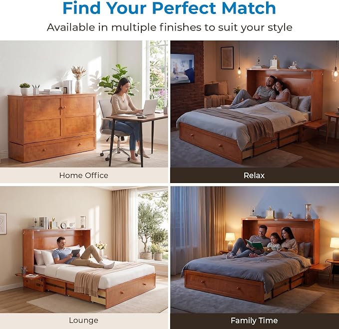 Mjkone Queen Murphy Bed Cabinet with Mattress Included, Cabinet Murphy Chest Bed with Drawer and USB Charging, Bedside Panel, Convertible Hidden Guest Wall Beds for Bedroom, Apartment - Cherry