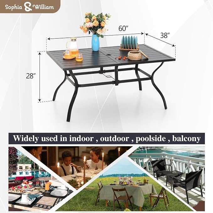 Sophia & William Patio Outdoor Table and Chairs Set with Umbrella Beige, Patio Dining Sets for 6, 7 Pieces Patio Table Set for Backyard Deck Porch Outside, Metal Table with Cushioned Rattan Chairs