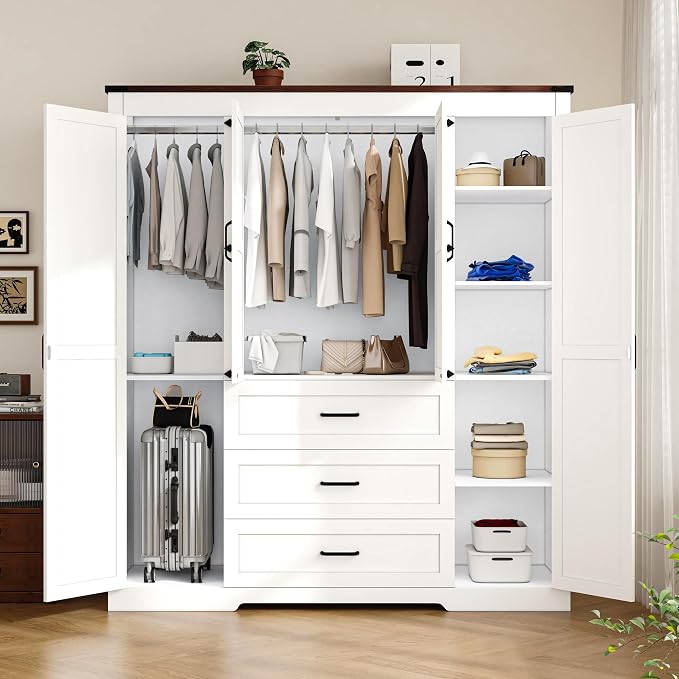 4 Doors Wardrobe Armoire Closet with Drawers, Farmhouse Wooden Armoire Storage Cabinet with Adjustable Shelves & Hanging Rod, 70" Freestanding Clothing Storage Cabinet for Bedroom, White