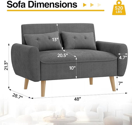 JAMFLY 47'' Small Loveseat Sofa, 2 Seat Compact Couch with Tapered Legs, Dark Grey Upholstered Furniture, Solid Wood Frame, Comfy Foam Cushion, Easy Assembly for Small Spaces