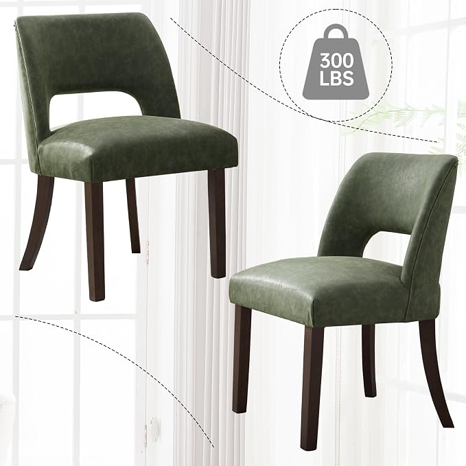 VKNOW Modern Dining Chairs Set of 6 with Rubberwood Legs, Green | Faux Leather, Curved Back, For family, Kitchen Dining Room Restaurant Reception Room, No wobble, 80% pre-installed