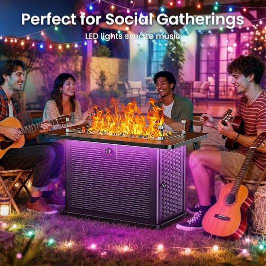 Ciays 43" Rectangular Propane Fire Pit with RGB Lighting Strip – 60,000 BTU Gas Fire Pit Table, Glass Stones, Wind Guard, Adjustable Flame, Outdoor Fire Pit for Patio & Garden, Black