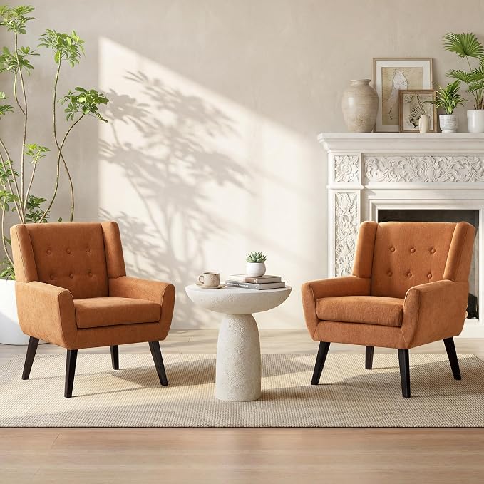 HUIMO Accent Chair Set of 2, Upholstered Button Tufted Armchair, Linen Fabric Sofa Living Room Chairs for Bedroom, Mid-Century Modern Comfy Reading Chair (2 PCS, Orange)