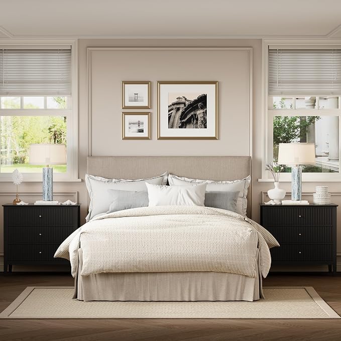 RoyalCraft 32" Large Nightstand Set of 2, Fluted Painted Bedside Table with 3 Spacious Drawers, Modern Tall End Table for Bedroom, Black