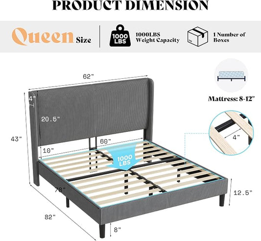 AMERLIFE Queen Bed Frame, Upholstered Platform Bed with Corduroy Headboard, Easy Assembly Modern Grey Bed Frame with Wooden Slats Support, No Box Spring Needed