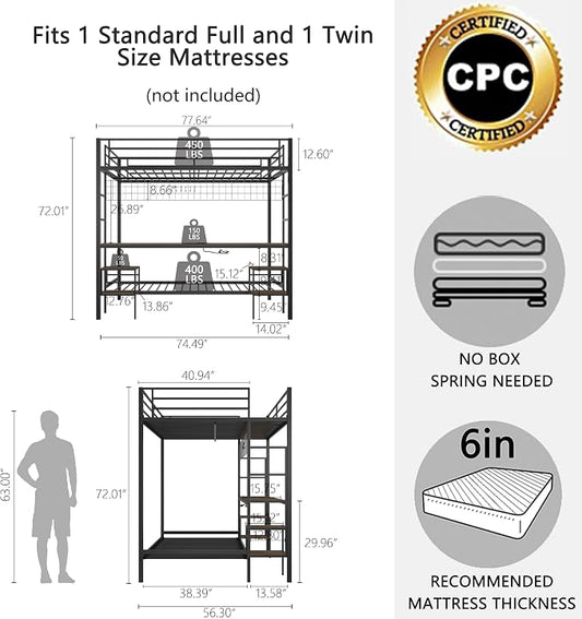 Bellemave Full Over Twin bunk Bed with Desk, loft Bed with Desk and Shelves, Full Over Twin Metal Bunk Beds with Charging Station, Black & Cinnamon Oak