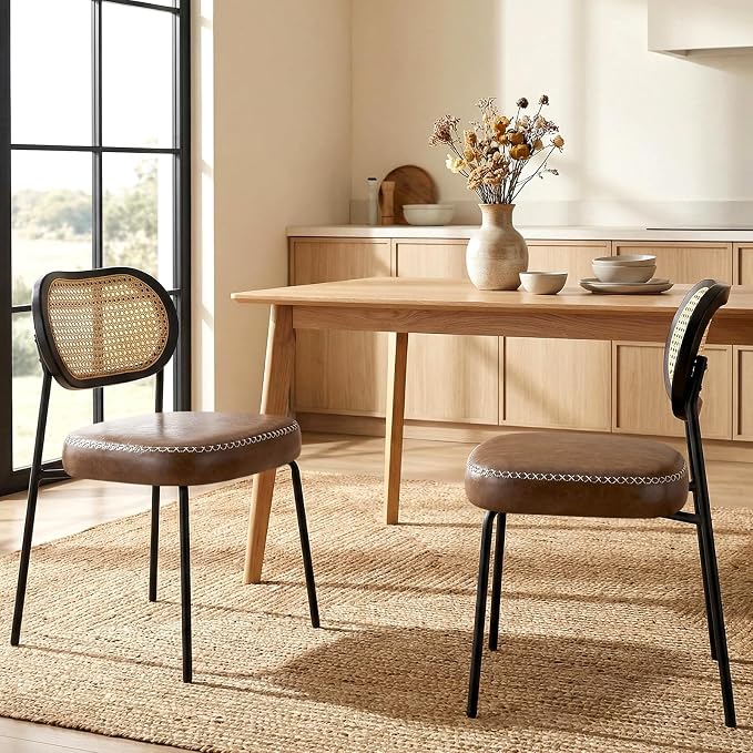 Rattan Dining Chairs Set of 4, Upholstered Dining Chairs with Handwoven Cane Back, Mid Century Modern Kitchen & Dining Room Chairs with Thick Cushion and Metal Frame, 300 lbs Capacity, Brown