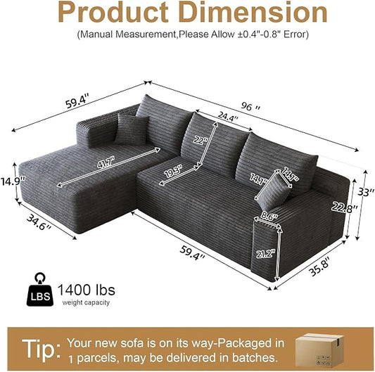 AUGOP 96" Sectional Couches for Living Room Modern Modular Sofa with L-Shape Couchs Upholstered Boneless Couch Deep Seat Sectional Couch with Chaise (Dark Grey, 96" Left Facing Chaise+2Seaters)