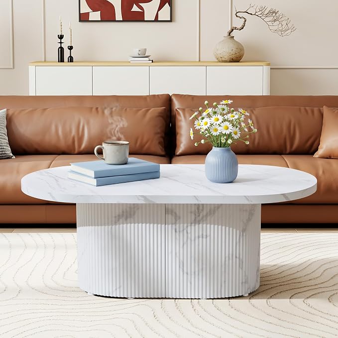 Oval Coffee Table, Modern Faux Marble Wood Coffee Table, Small Fluted Center Tea Table for Living Room,White