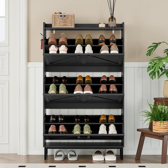 BORNOON Shoe Cabinet with 3 Flip Drawers Narrow Shoe Storage Cabinet Organizer Wooden Freestanding Shoe Rack Hidden Slim Shoes Storage Cabinet for Entryway, Hallway, Living Room, Bedroom