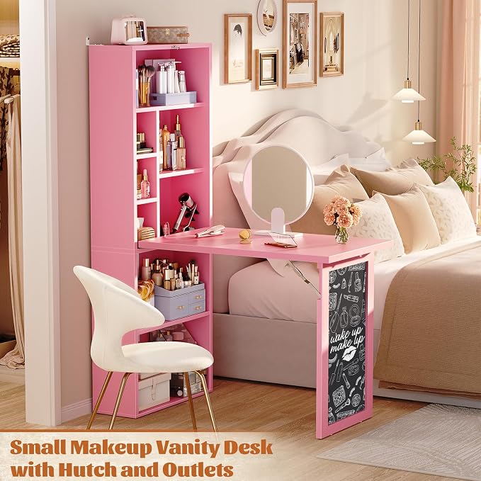 Armocity Small Folding Desk with Outlets, Convertible Writing Desk for Small Spaces/Home Office/Craft Room, Multi-Function Desk Workstation with Blackboard, Fold-Out Cabinet Table, Pink