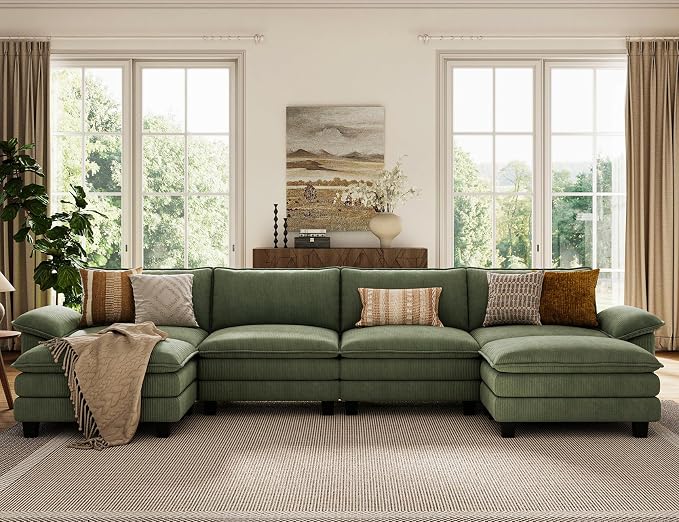 LINSY HOME 157'' Modular Sectional Sofa 4 Seat Couch Corduroy Cloud Couch with Deep Seat, Modern U-Shaped Cloud Couch with 2 Movable Ottoman for Living Room, Office, Bedroom, Green