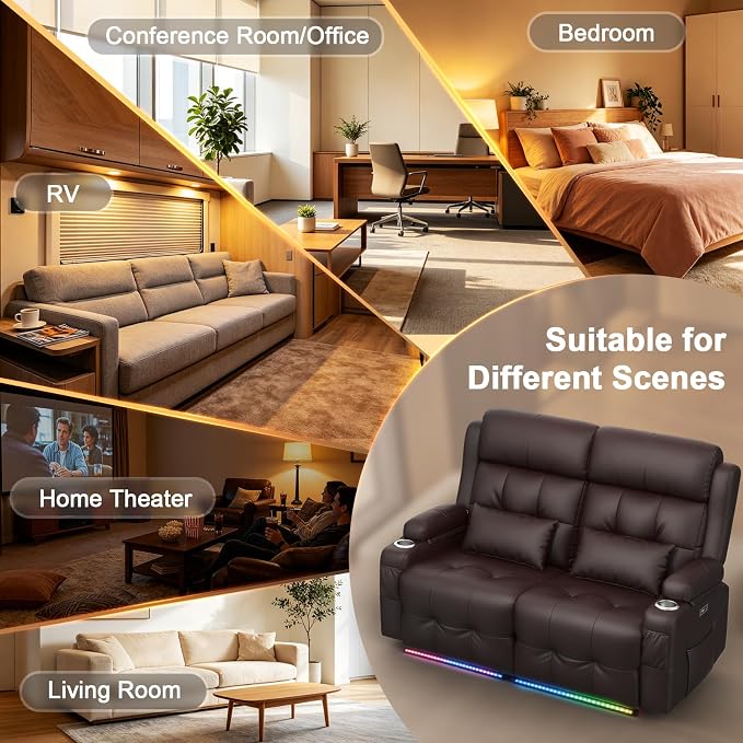Power Reclining Loveseat with Massage & Heat,Wall Hugger Home Theater Seating with LED Lights,USB & Type-C Ports, Ideal for RV, Home Theater and Living Room,Brown,2 Seats