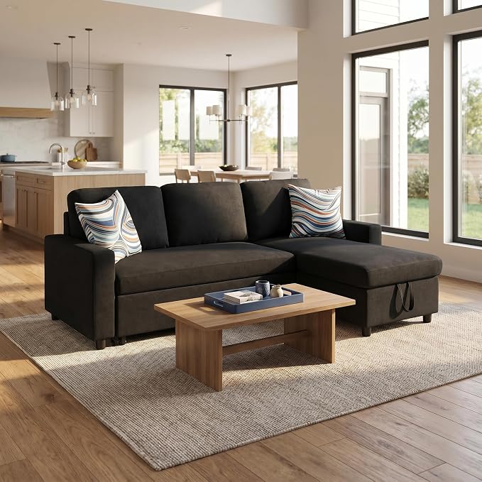 Pull Out Couch, L Shaped Sectional Couch with Pull Out Bed, Convertible Sofa Bed with Storage Chaise, Queen Size Sleeper Sofa, Sofa Bed Couch, Sleeper Sofa with Storage, Black
