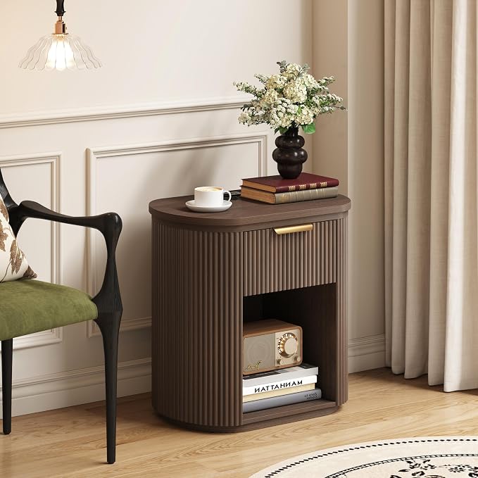 Fluted Nightstands Set of 2 with Charging Station, 23.6" Large Bedside Side Table, Wood End Table with Storage, Curved Round Corner, Furniture Bedroom Sofa, Mid Century Modern, Vintage Boho, Walnut