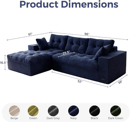 MAXYOYO 96" L Shaped Modular Sectional Sofa with Ottoman, Cloud Boneless Couch with Layered Cushion, Upholstered Flexible Module Combination Sofa for Living Room, No Assembly, Navy