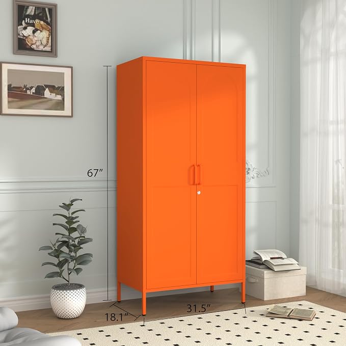 Lockable Closet Metal Wardrobe 67" Orange 2 Door Wardrobe Bedroom Storage Cabinet Adjustable shelf Multi functional metal Storage Cabinet with hanging rail for domestic use 18.1" D x 31.5" W x 67" H