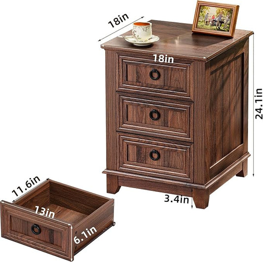 Joaxswe 18" Farmhouse Night Stand with 3 Drawers, Wood End Table Dresser for Bedroom, Retro Nightstand, Bed Side Table with Metal Handle, Bedside Cabinet for Bedroom Living Room, Closet