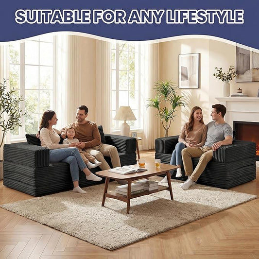 Convertible Sofa Bed, 4-in-1 Boneless Loveseat with Removable Armrests Backrest, Corduroy Futon Couch Bed with Pillow, Foldable Mattress Sleeper Sofa for Living Room Bedroom Small Place (Black)