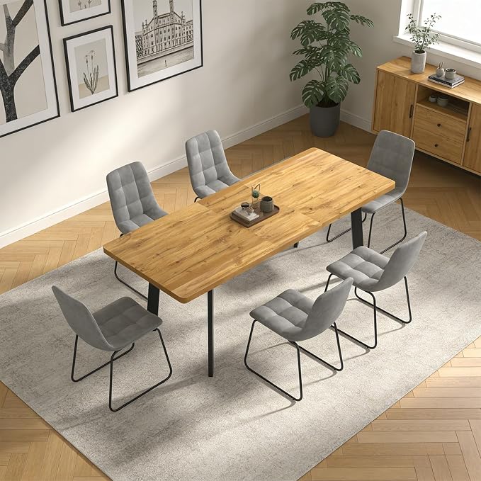 Extendable Dining Table Set for 6 to 8 People, 63" to 78.7" Modern Kitchen Table Set with 6 Chairs, MDF Dining Room Table and Chairs with Removable Extension Leaf (Walnut Table+U-Shaped Grey Chairs)