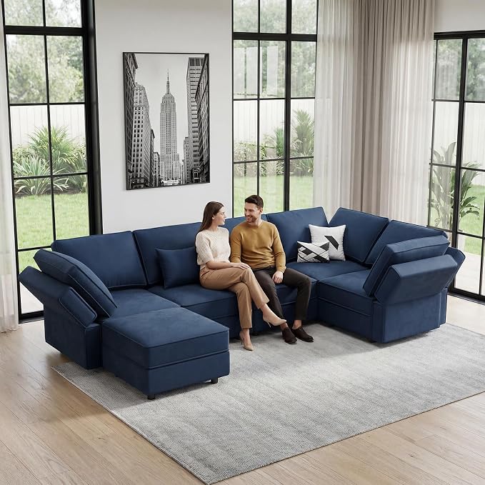 Vesgantti Sectional Couches with Storage Seats, 92" V Shaped Convertible Modular Sectional Sofa, 5 Seat & 1 Ottoman Velvet Storage Chaises Deep Seat Couch for Living Room, Bedroom, Apartment, Blue